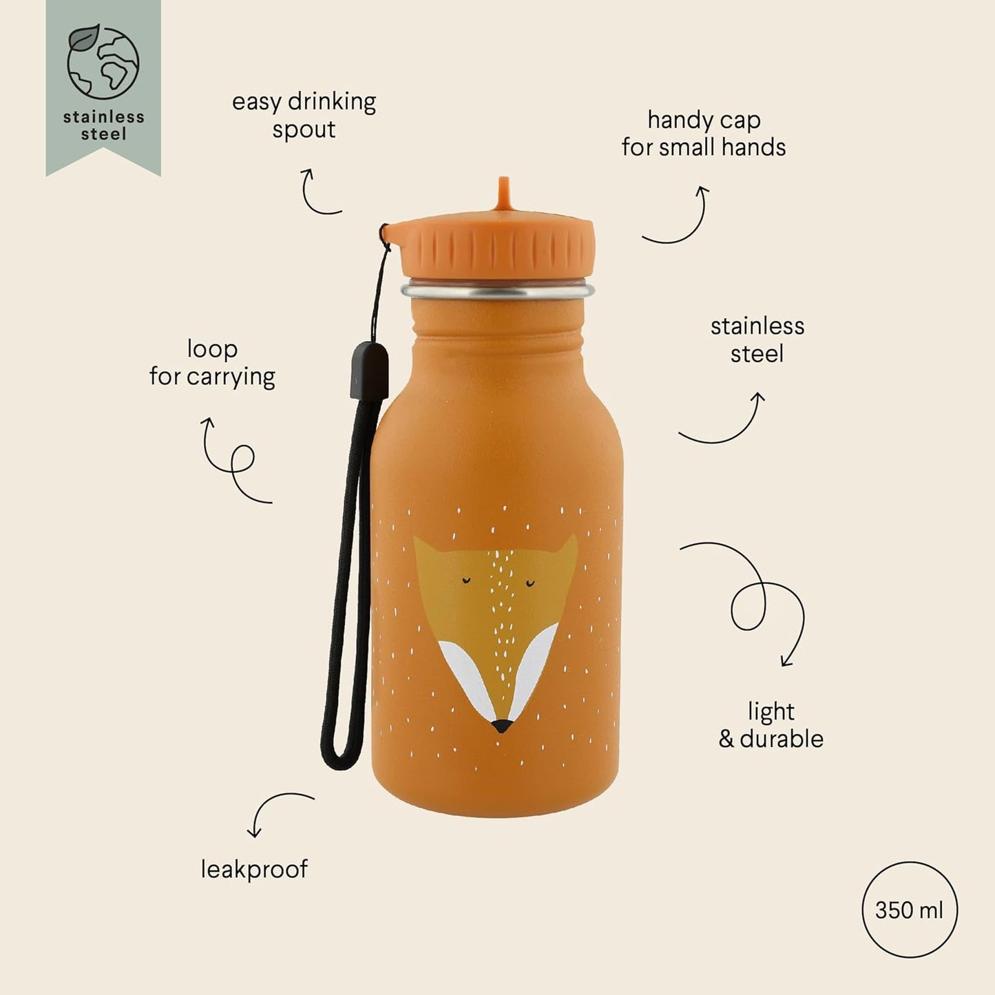 BOTELLA DE ACERO TRIXIE 350ML ·ZORRO· - Happy Moments Baby