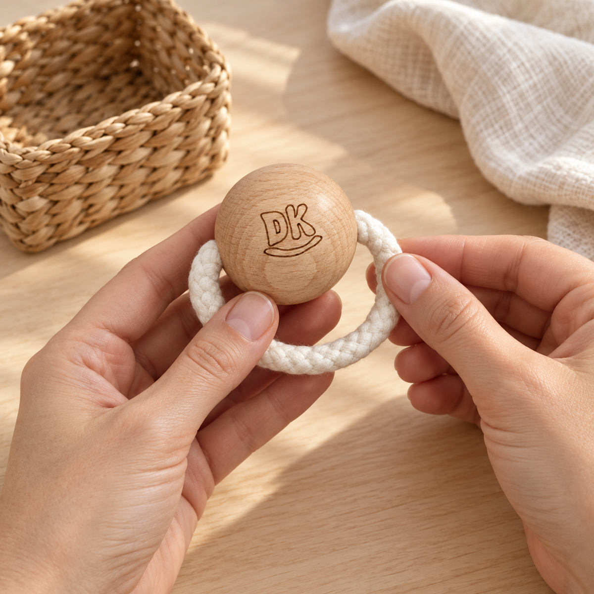 BOLA DE MADERA CON CUERDA en manos de una persona adulta junto al cesto