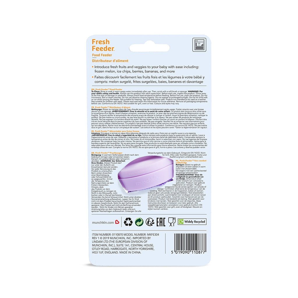 CHUPETE ALIMENTADOR CON REJILLA PARA ALIMENTOS FRESCOS MUNCHKIN ·LILA· - Happy Moments Baby