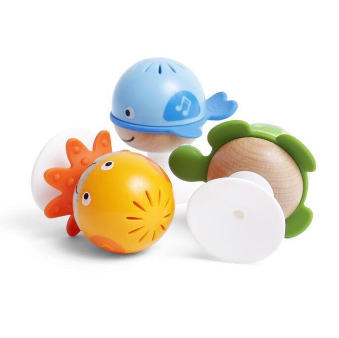 JUGUETE SENSORIAL HAPE ·JUEGO DE 3 SONAJEROS ADHESIVOS· - Happy Moments Baby
