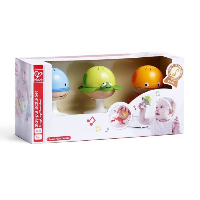 JUGUETE SENSORIAL HAPE ·JUEGO DE 3 SONAJEROS ADHESIVOS· - Happy Moments Baby