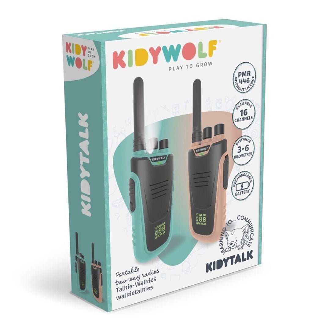 WALKIE TALKIES RECARGABLES DE KIDYWOLF ·KIDYTALK NATURAL - CYAN· - Happy Moments Baby