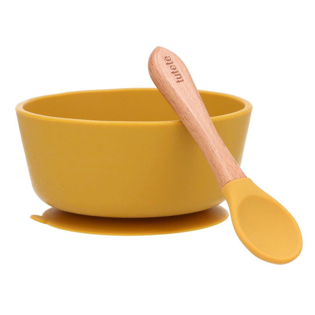 BOL CON VENTOSA + CUCHARA TUTETE ·MOSTAZA· - Happy Moments Baby
