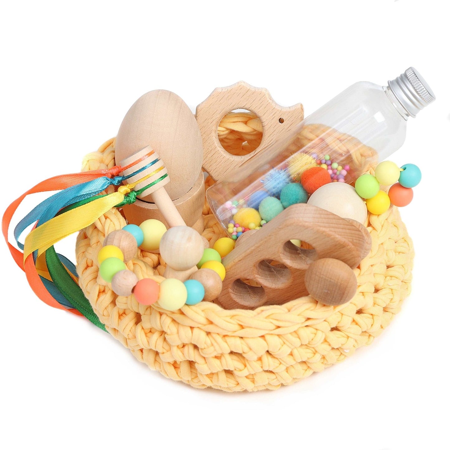 CESTO DE LOS TESOROS - CESTO SENSORIAL ·AMARILLO HUEVO· - Happy Moments Baby
