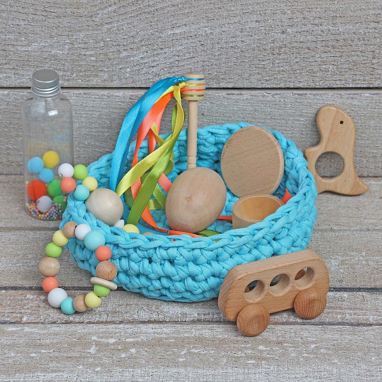 CESTO DE LOS TESOROS - CESTO SENSORIAL ·AQUA· - Happy Moments Baby