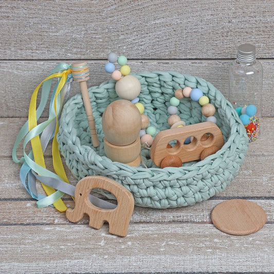 CESTO DE LOS TESOROS - CESTO SENSORIAL ·DARK MINT· - Happy Moments Baby