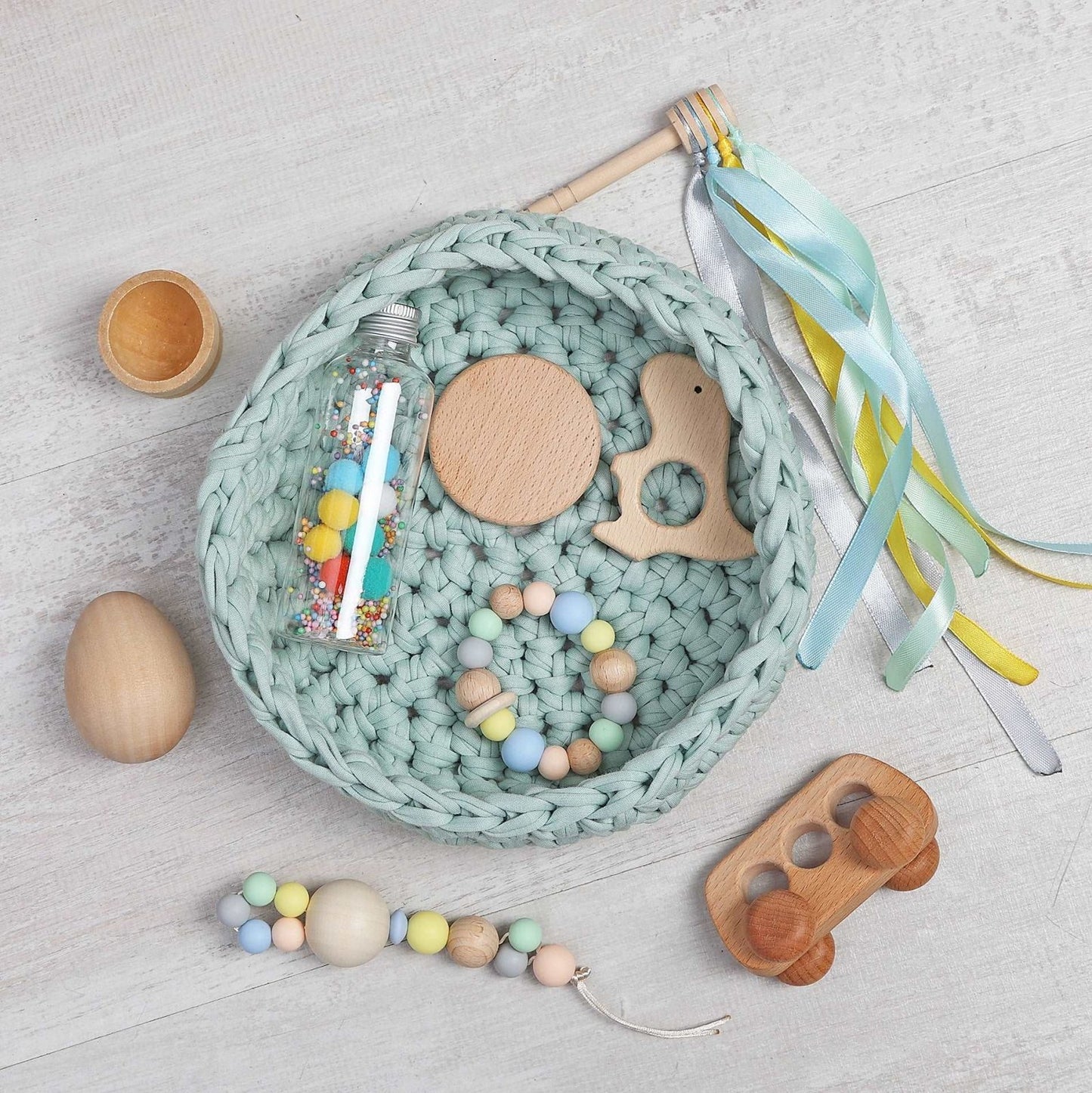 CESTO DE LOS TESOROS - CESTO SENSORIAL ·DARK MINT· - Happy Moments Baby
