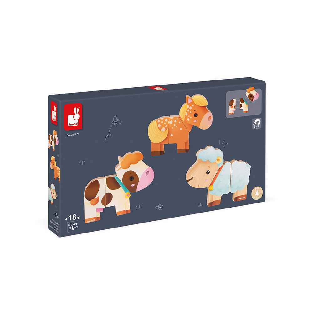 JUEGO MÁGNETICO DE MADERA JANOD ·3 ANIMALES DIVERTIDOS GRANJA· - Happy Moments Baby