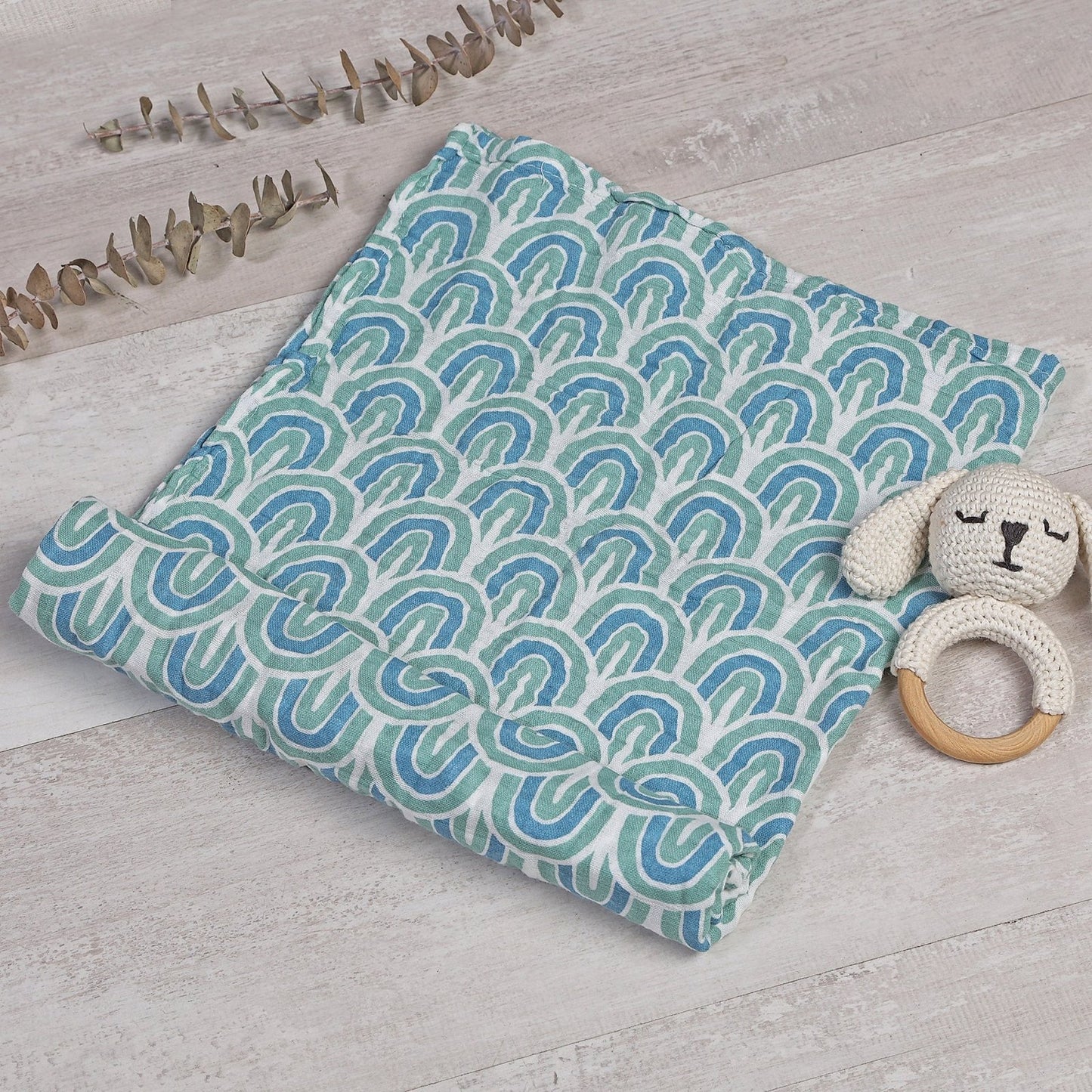 MUSELINA ALGODÓN 120x110cm ·ARCOÍRIS AZUL· - Happy Moments Baby