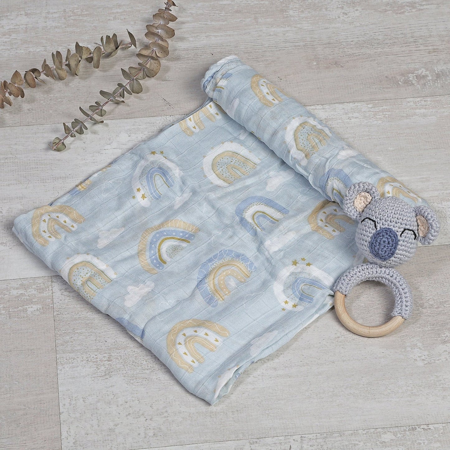 MUSELINA ALGODÓN 120x110cm ·ARCOÍRIS CELESTE· - Happy Moments Baby
