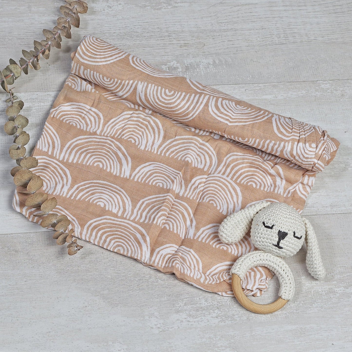 MUSELINA ALGODÓN 120x110cm ·ARCOÍRIS TIERRA· - Happy Moments Baby