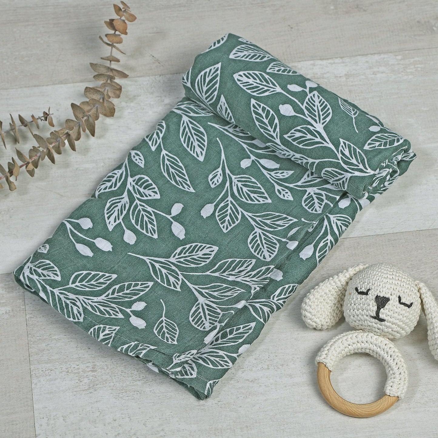 MUSELINA ALGODÓN 120x110cm ·HOJAS AQUA· - Happy Moments Baby