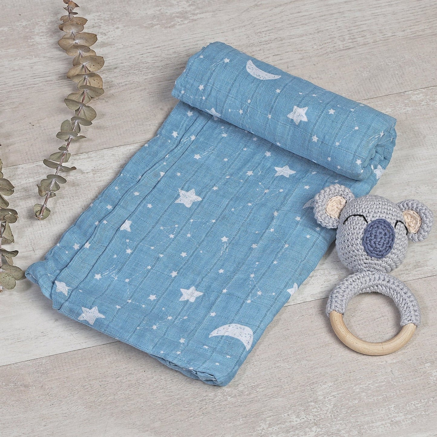 MUSELINA ALGODÓN 120x110cm ·LUNAS AZUL· - Happy Moments Baby