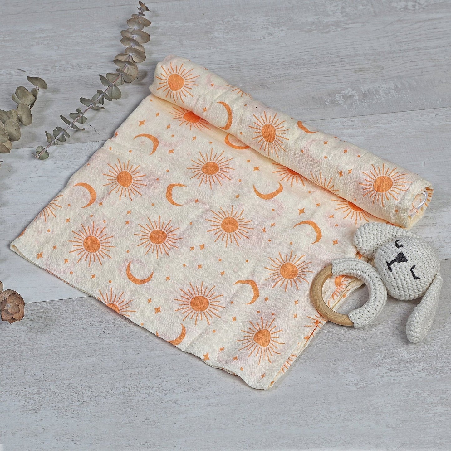 MUSELINA ALGODÓN 120x110cm ·SOLES Y LUNAS· - Happy Moments Baby