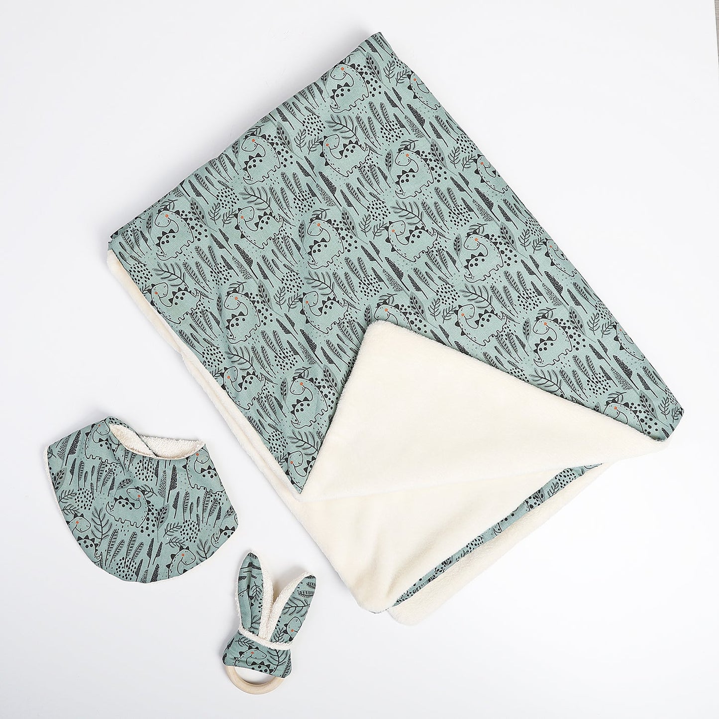 PACK NEWBORN: BANDANA MORDEDOR Y MANTA ·DINOSAURIOS· - Happy Moments Baby