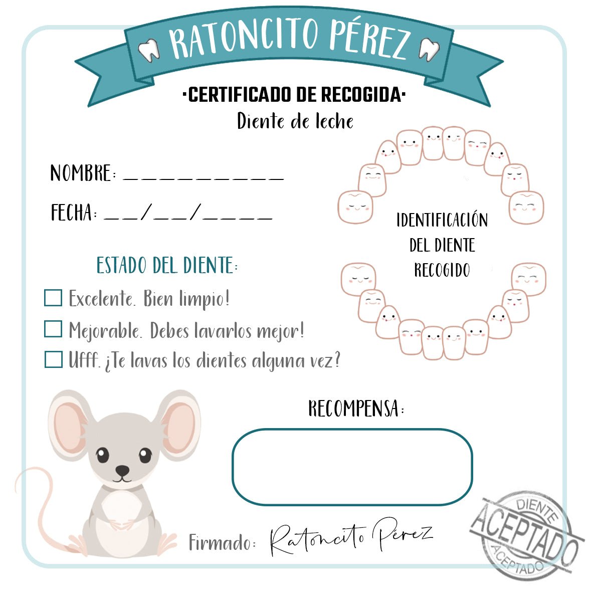 PUERTA RATONCITO PÉREZ ·KIT DE 5 CERTIFICADOS DE RECOGIDA DE DIENTE· - Happy Moments Baby