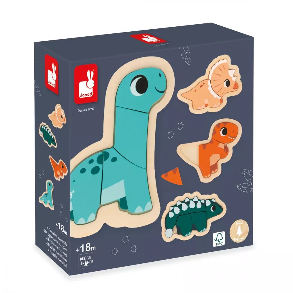 PUZZLE DE MADERA JANOD ·4 PUZLES EVOLUTIVOS DINO· - Happy Moments Baby