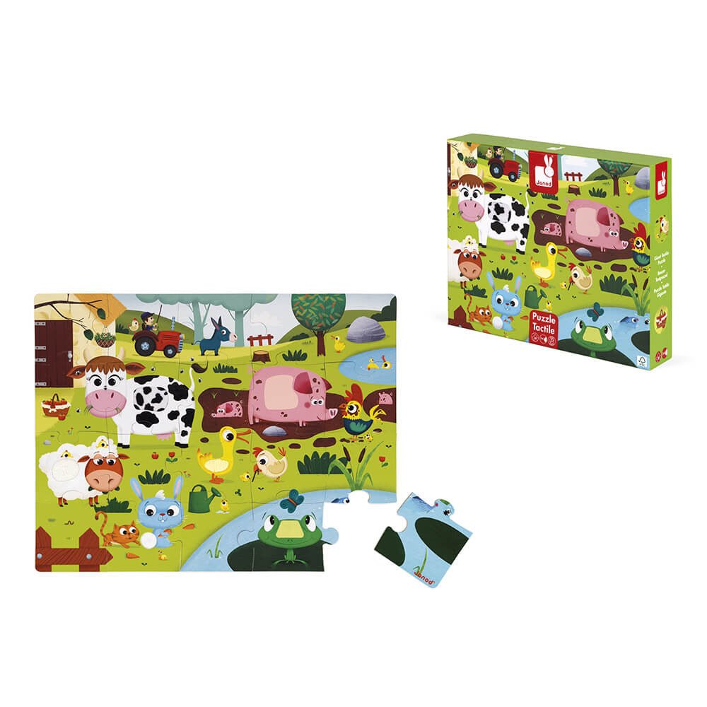 PUZZLE TÁCTIL JANOD ·LOS ANIMALES DE LA GRANJA 20 PIEZAS· - Happy Moments Baby