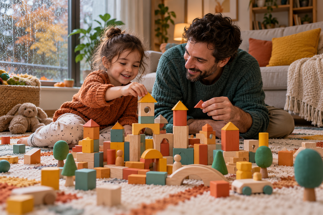 Padre e hija construyen una ciudad de bloques en casa en una tarde de lluvia