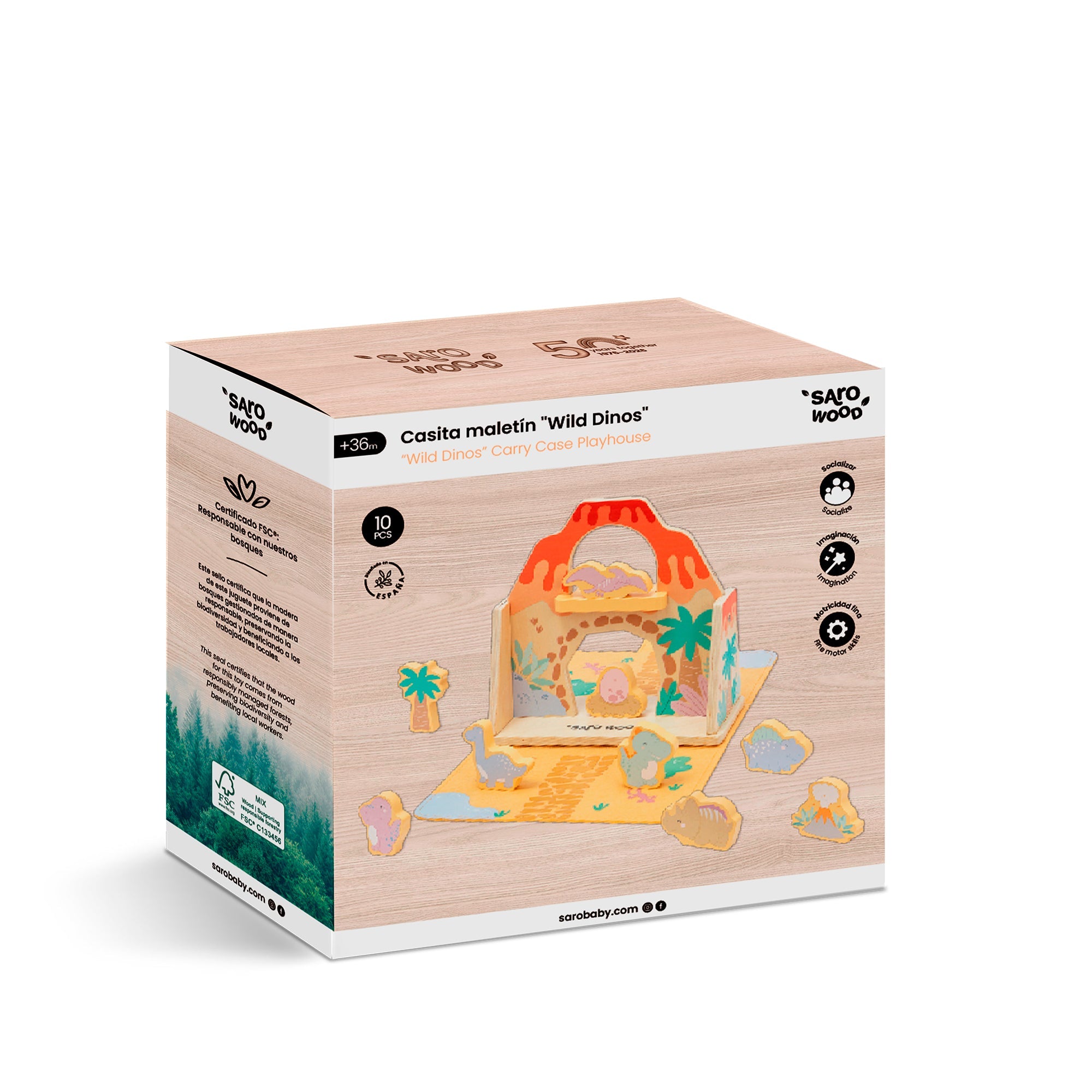 casita maletín de madera y fieltro Saro WILD DINOS: caja del producto