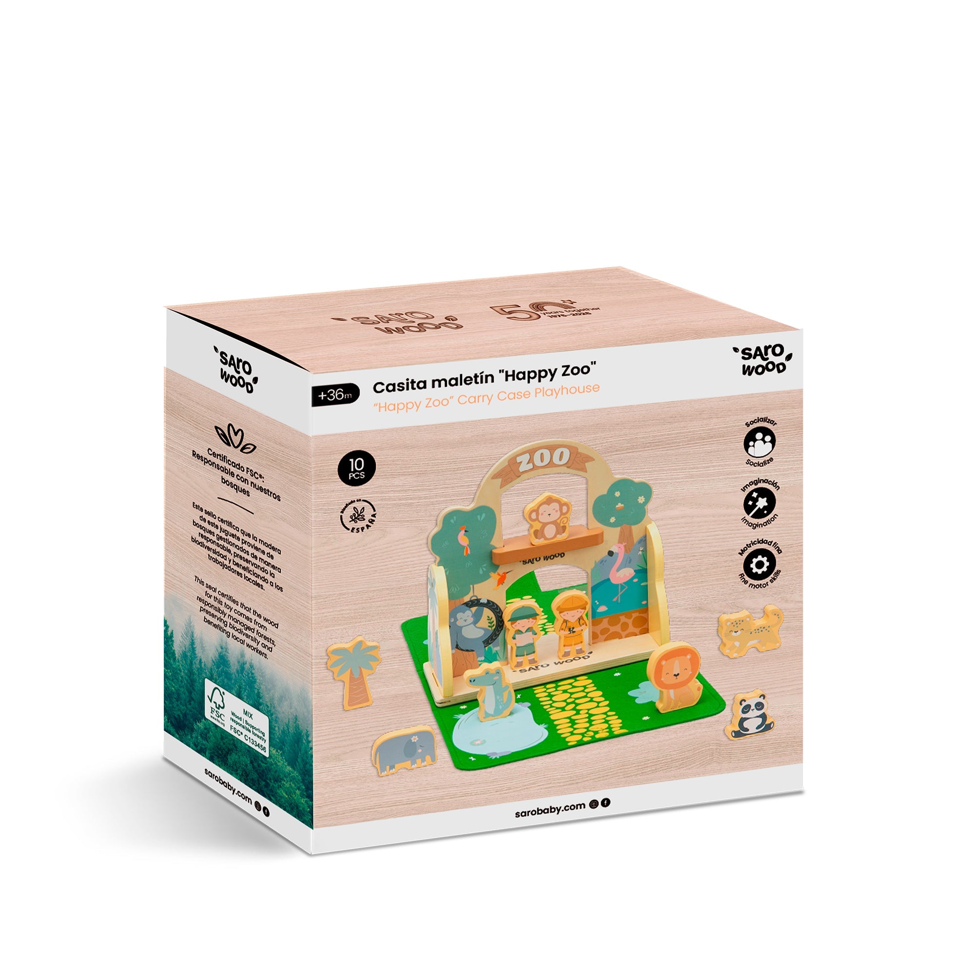 casita maletín de madera y fieltro Saro HAPPY ZOO: caja del producto