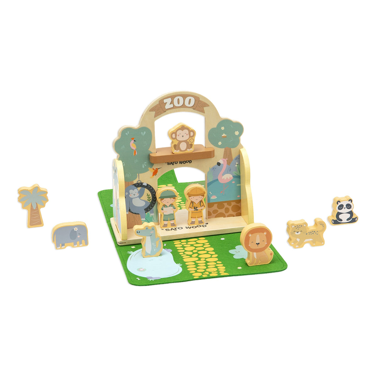 casita maletín de madera y fieltro Saro HAPPY ZOO: producto y piezas incluidas sobre fondo blanco