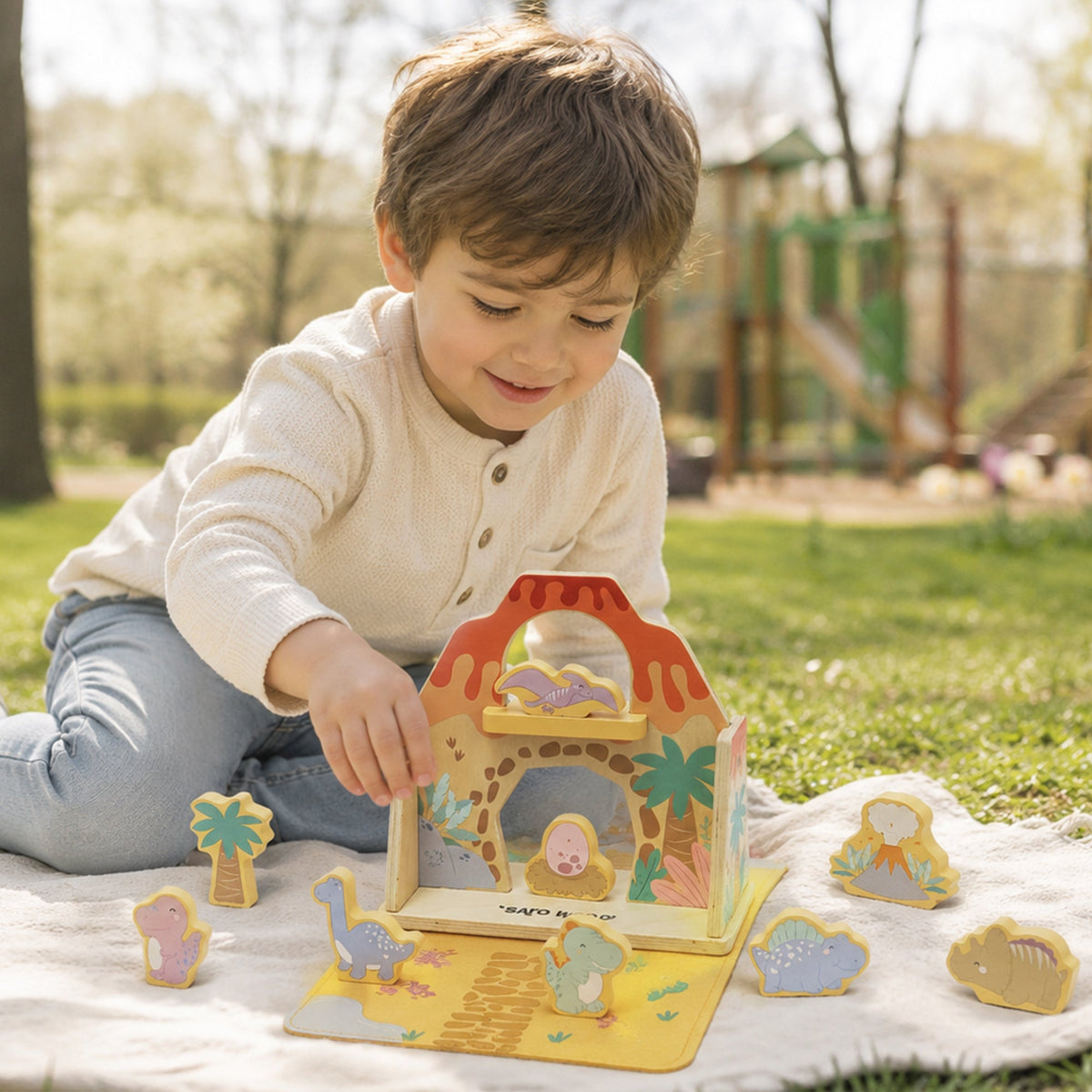 casita maletín de madera y fieltro Saro WILD DINOS: escena de juego con dinosaurios