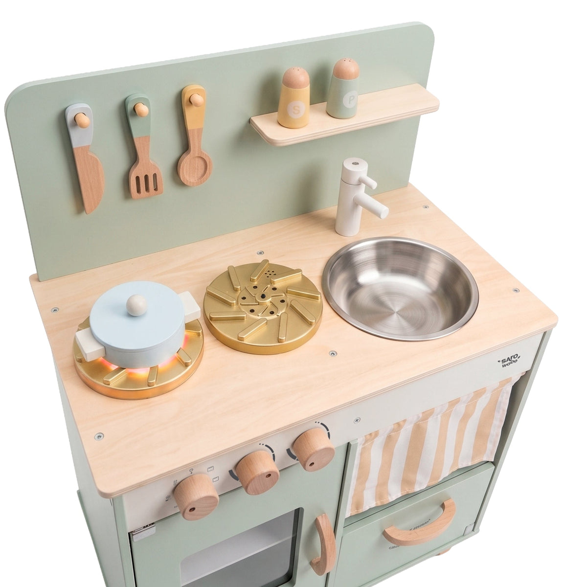 cocinita de madera Saro LITTLE CHEF MENTA CON LUZ Y SONIDOS: detalle de fogones y fregadero