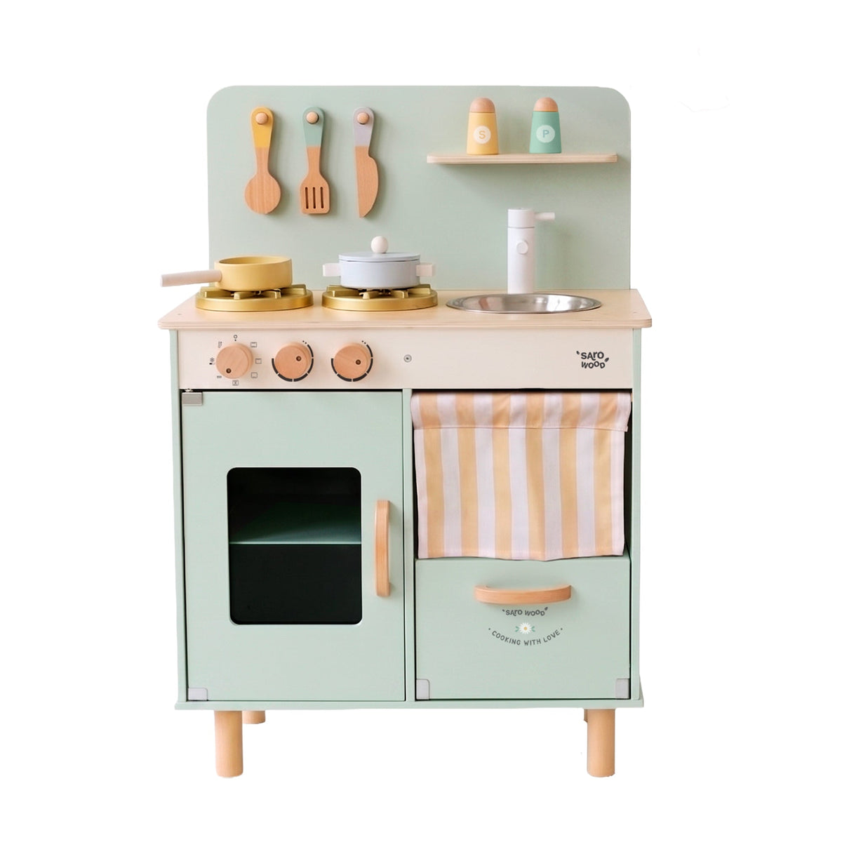 cocinita de madera Saro LITTLE CHEF MENTA CON LUZ Y SONIDOS: producto y piezas incluidas sobre fondo blanco