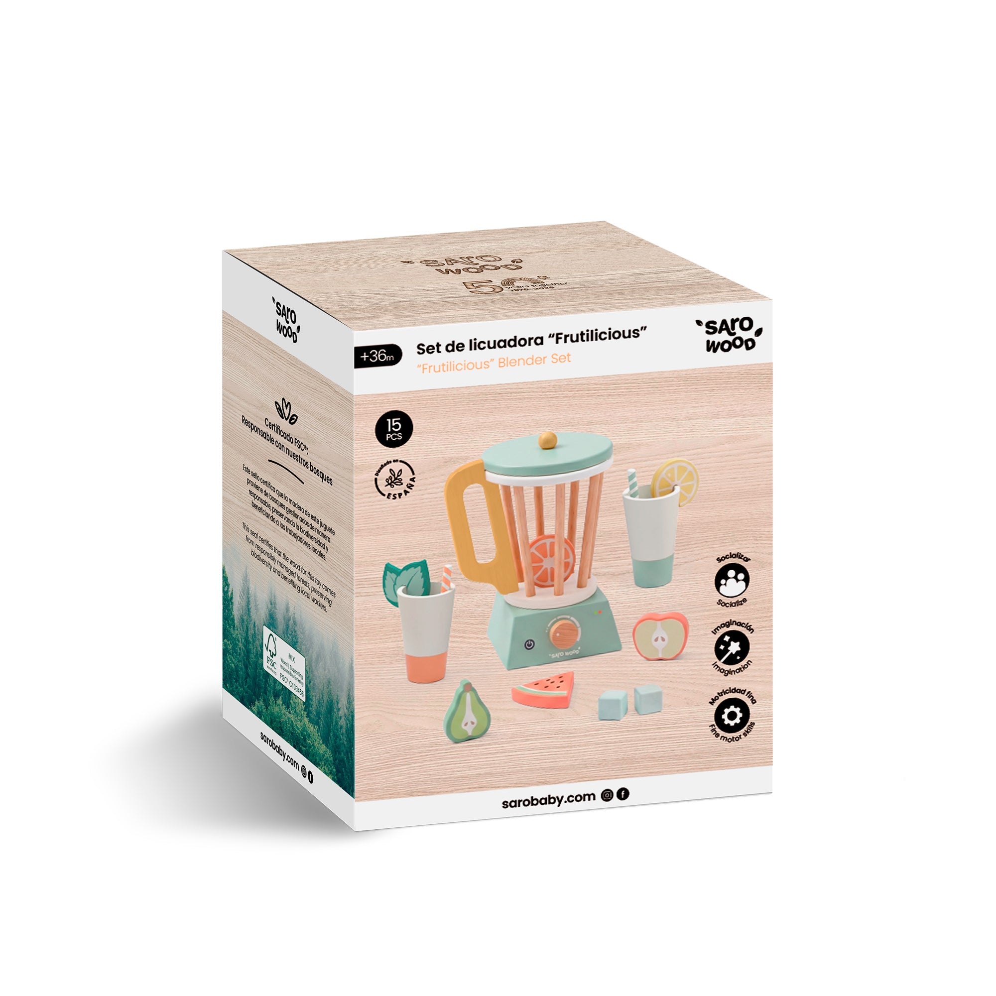 licuadora de madera de juguete Saro FRUTILICIOUS 15 PIEZAS: caja del producto