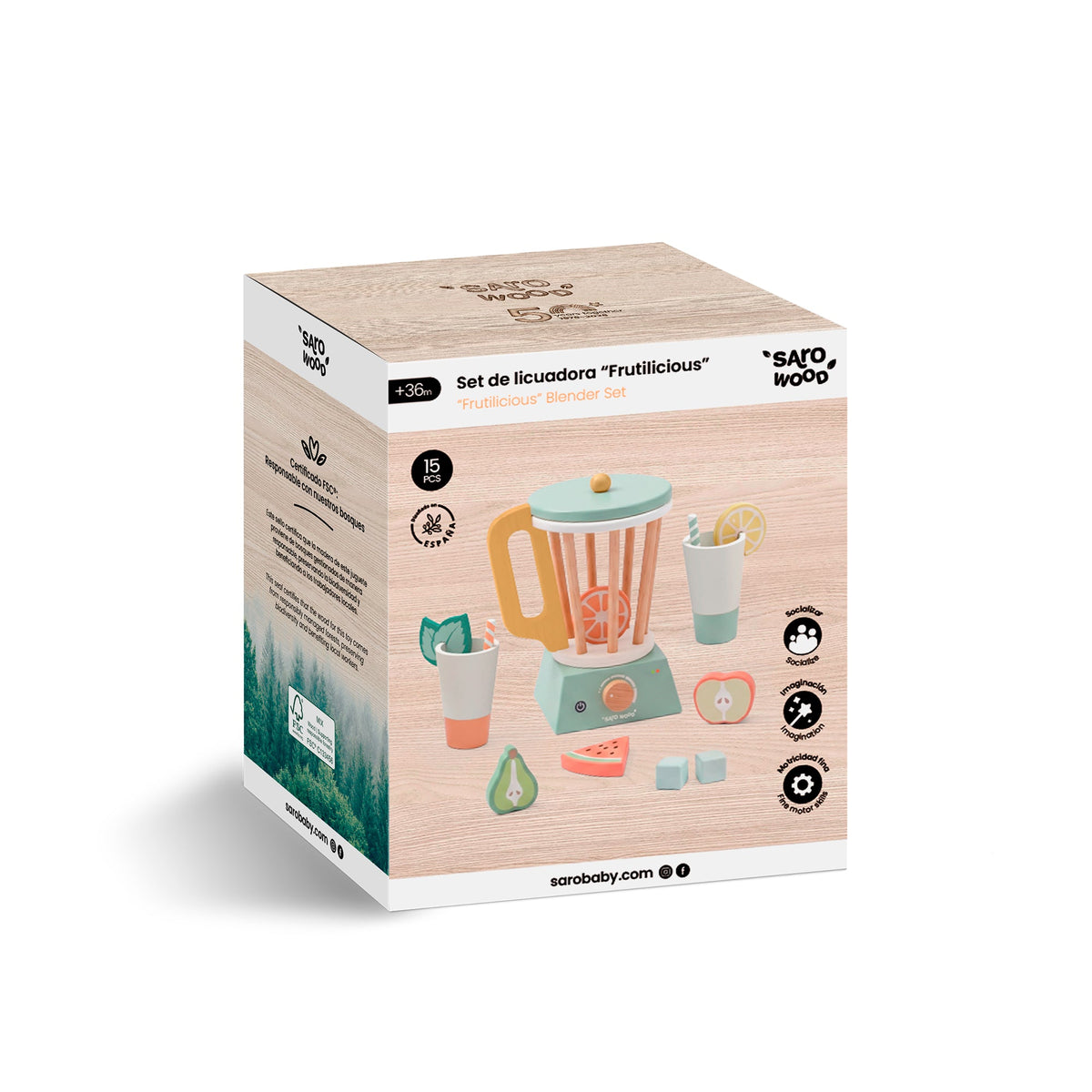 licuadora de madera de juguete Saro FRUTILICIOUS 15 PIEZAS: caja del producto