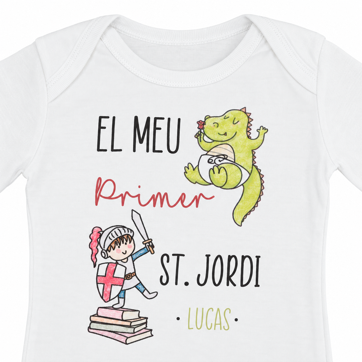 BODY PERSONALIZADO ·PRIMER SANT JORDI CAVALLER· — encuadre cercano del estampado