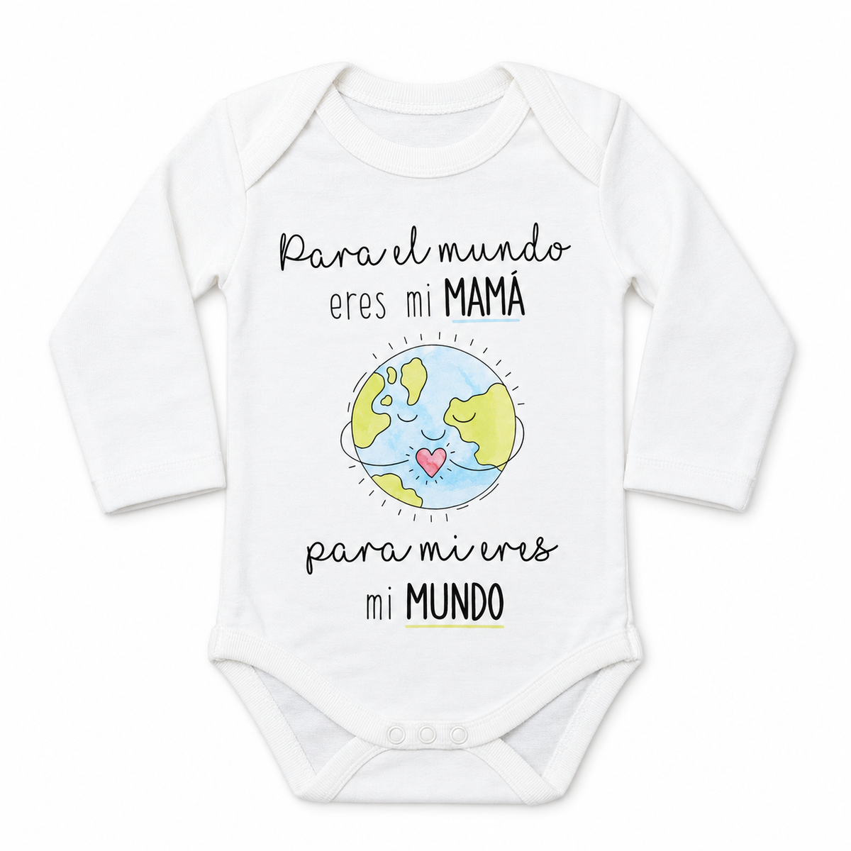 Body Mamá Eres Mi Mundo de manga larga sobre fondo blanco