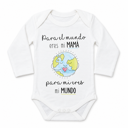 Body Mamá Eres Mi Mundo de manga larga sobre fondo blanco