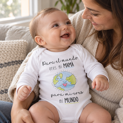 Bebé con el body Mamá Eres Mi Mundo en brazos de su madre