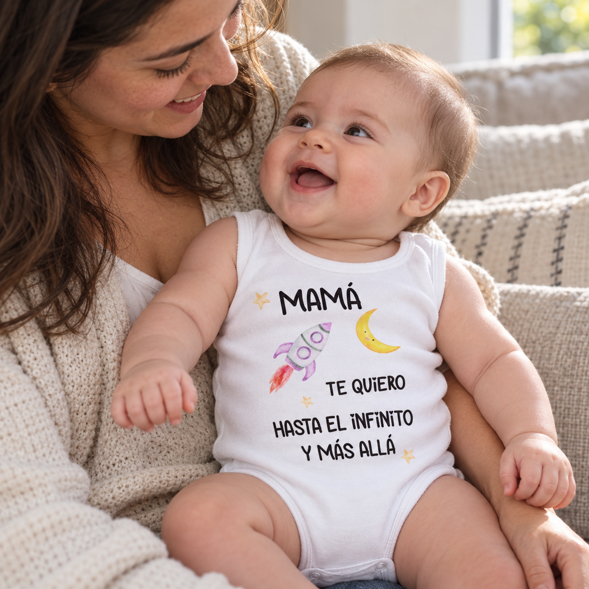 Bebé con el body Mamá Infinito en brazos de su madre