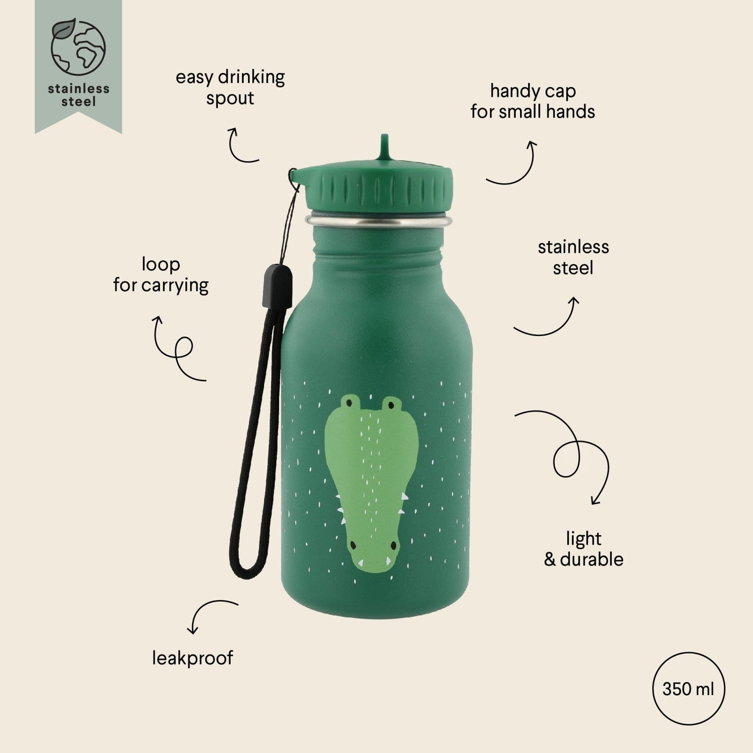 BOTELLA DE ACERO TRIXIE 350ML ·COCODRILO· - Happy Moments Baby