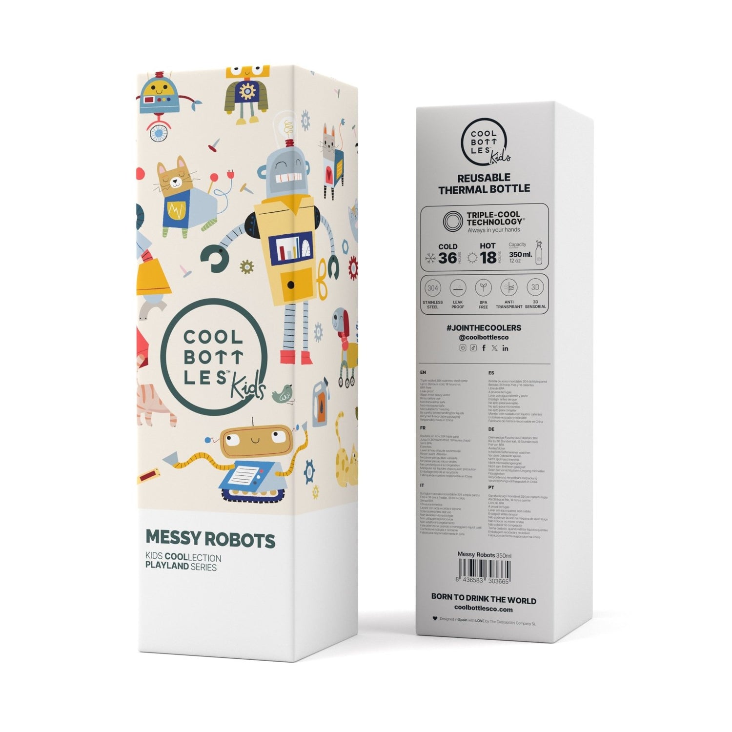 BOTELLA TÉRMICA COOL BOTTLES 350ML ·KIDS MESSY ROBOTS· - Happy Moments Baby
