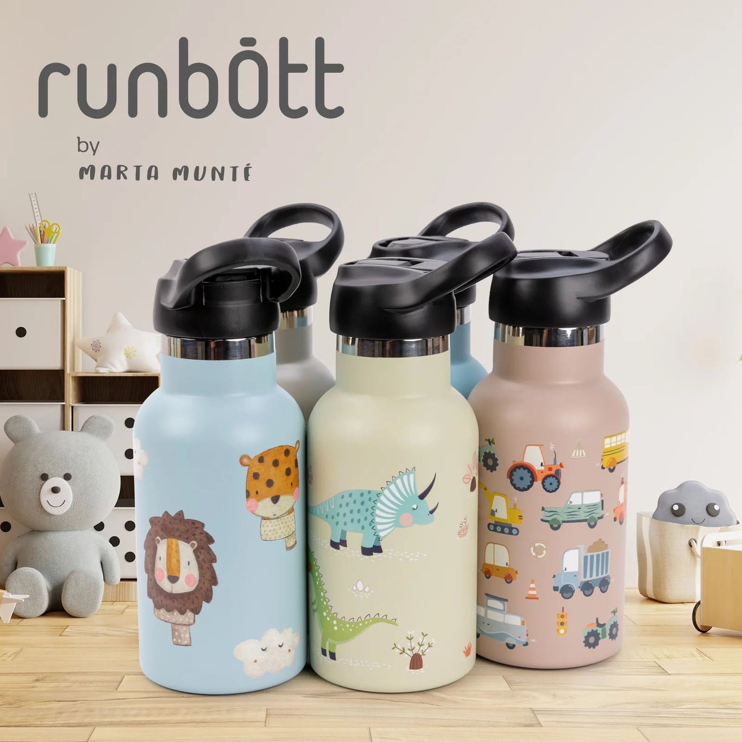 BOTELLA TÉRMICA RUNBOTT ·350ML MARTA MUNTÉ DINOS VERDE· - Happy Moments Baby