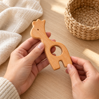 FIGURA DE MADERA en manos de una persona adulta junto al cesto