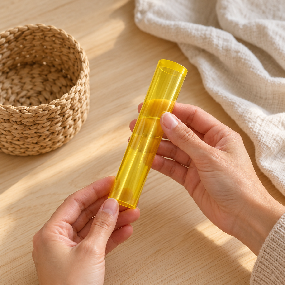 TUBO SENSORIAL ACRÍLICO en manos de una persona adulta junto al cesto