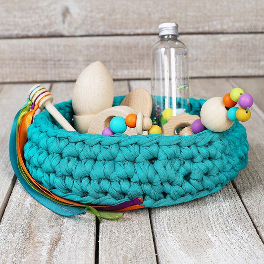 CESTO DE LOS TESOROS - CESTO SENSORIAL ·TURQUESA OSCURO· - Happy Moments Baby