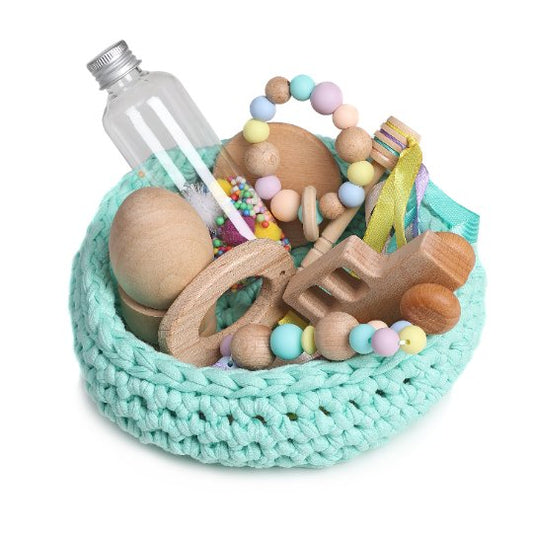 CESTO DE LOS TESOROS - CESTO SENSORIAL ·TURQUESA· - Happy Moments Baby