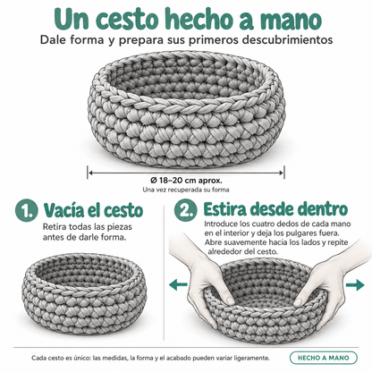 Infografía del cesto de los tesoros artesanal: diámetro aproximado de 18–20 cm e instrucciones para vaciarlo y recuperar su forma estirándolo suavemente.