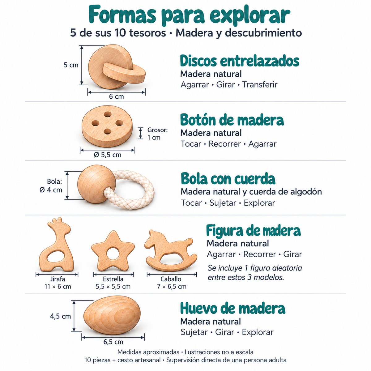 Piezas de madera natural del cesto de los tesoros: medidas y usos de discos, botón, bola con cuerda, huevo y figura aleatoria de jirafa, estrella o caballo.