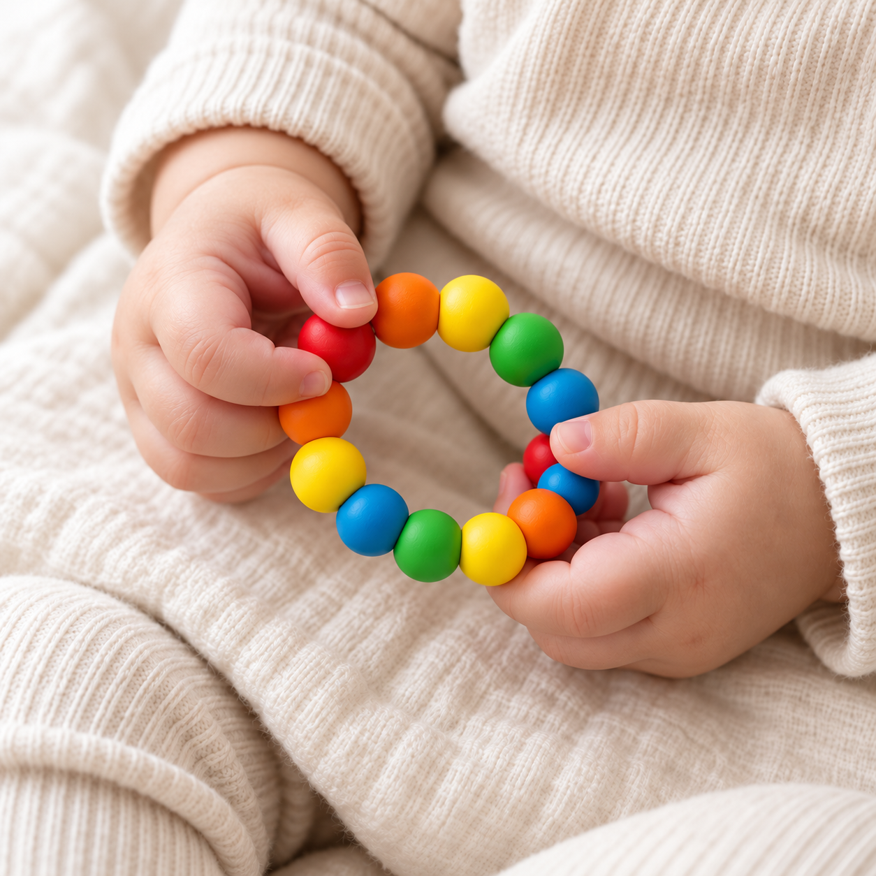 Ejemplo de uso: manos de bebé explorando un aro de cuentas de colores.