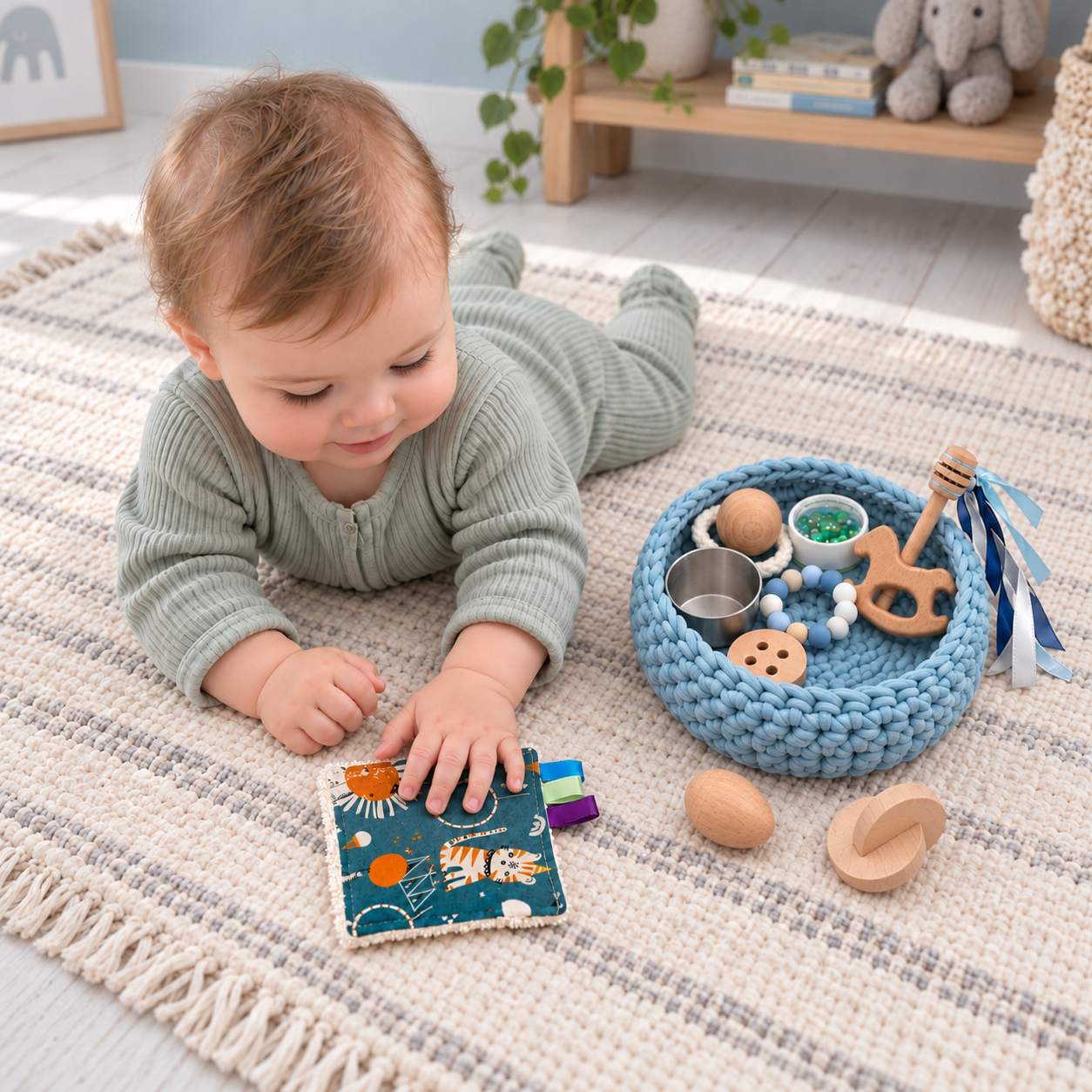 Ejemplo de uso: Bebé explorando un trapito junto a un cesto Dusty Blue.