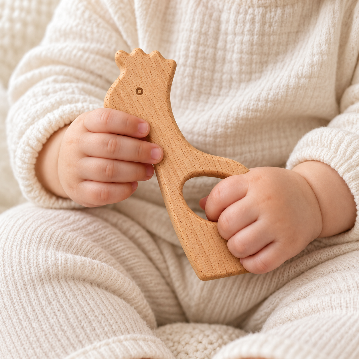 Ejemplo de uso: Manos de bebé sujetando una figura de jirafa de madera.