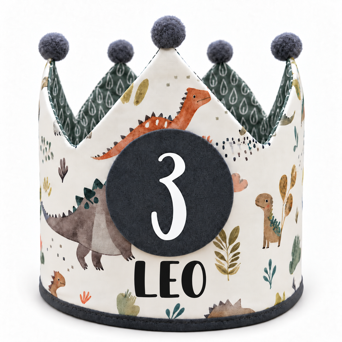 Corona Dinos personalizada con el nombre Leo en negro