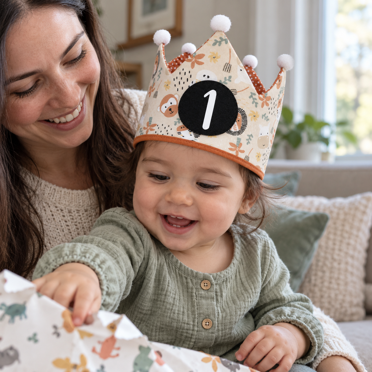 Bebé con la corona Safari en brazos de su madre abriendo un regalo
